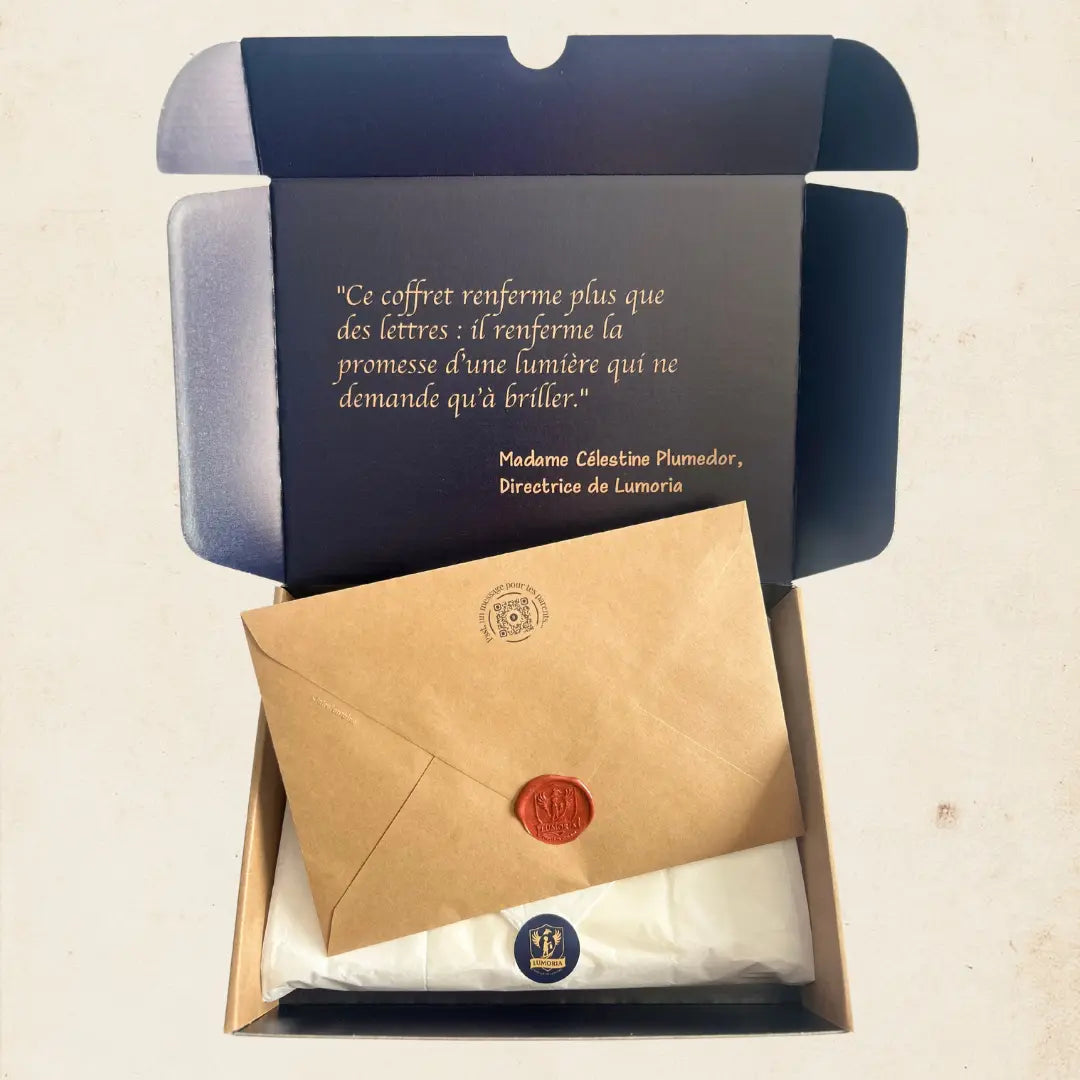 Box découverte 12 mois Lumoria ouverte lettres magiques dont une cachetée à la cire pour aider l'enfant à développer sa confiance en soi et à mieux gérer ses émotions.