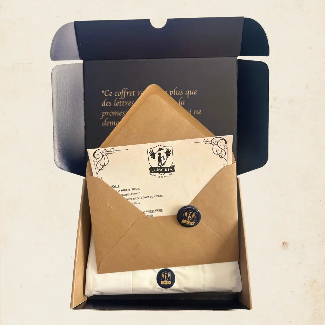 Box découverte 6 mois Lumoria ouverte, lettres magiques dont une cachetée à la cire pour aider l'enfant à développer sa confiance en soi et à mieux gérer ses émotions.