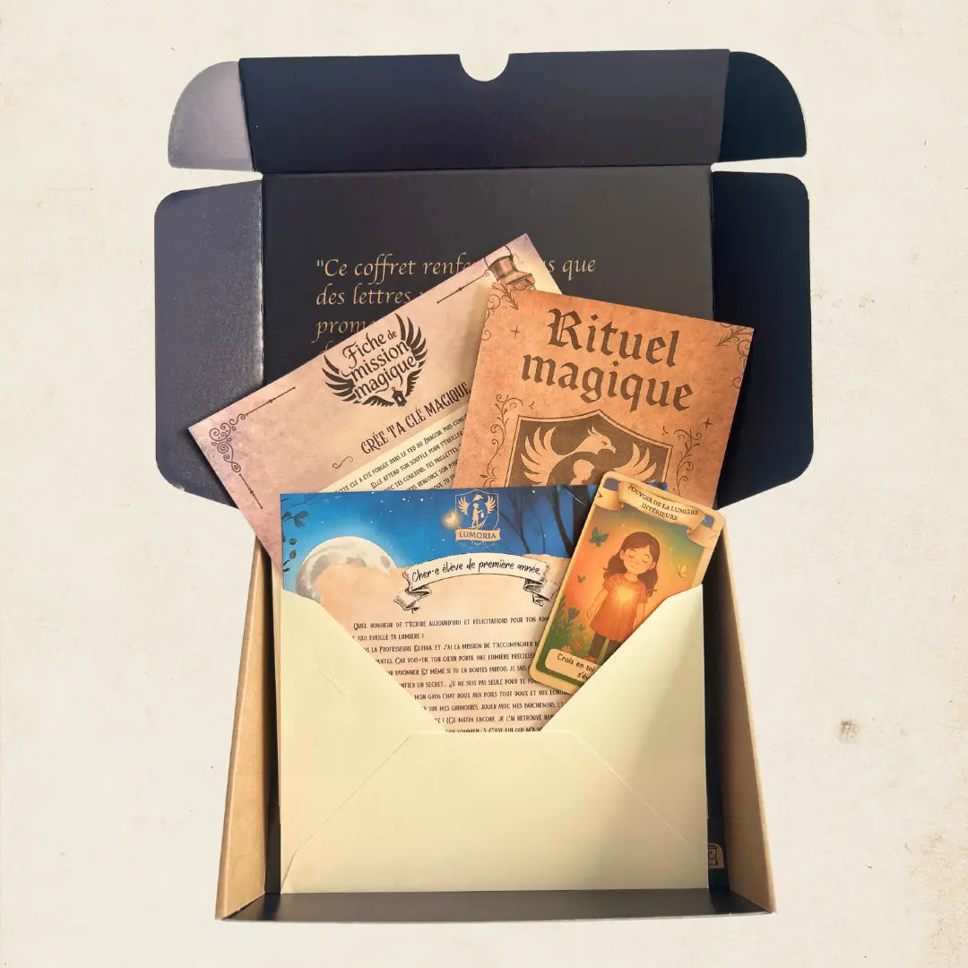 Box découverte 6 mois Lumoria avec contenu complet de l'enveloppe mensuelle, lettres magiques dont une cachetée à la cire pour aider l'enfant à développer sa confiance en soi et à mieux gérer ses émotions.