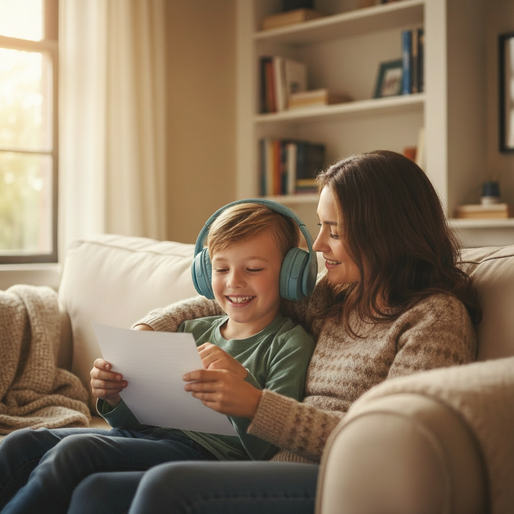 Enfant avec casque tenant une lettre opaque